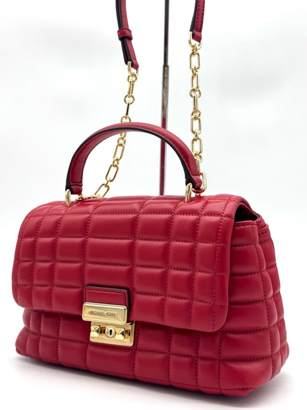 Michael Kors Tribeca Medium Quilted Leather Satchel Bag Crimson Red